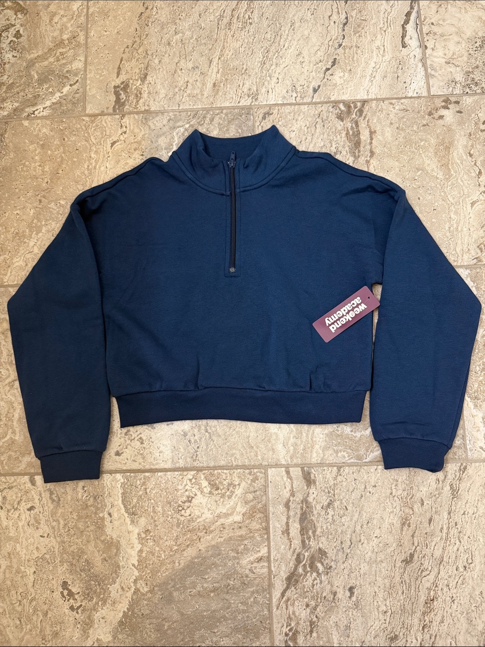 NWT Size Large (10-12) Weekend Academy Navy Half-Zip Cropped Sweatshirt